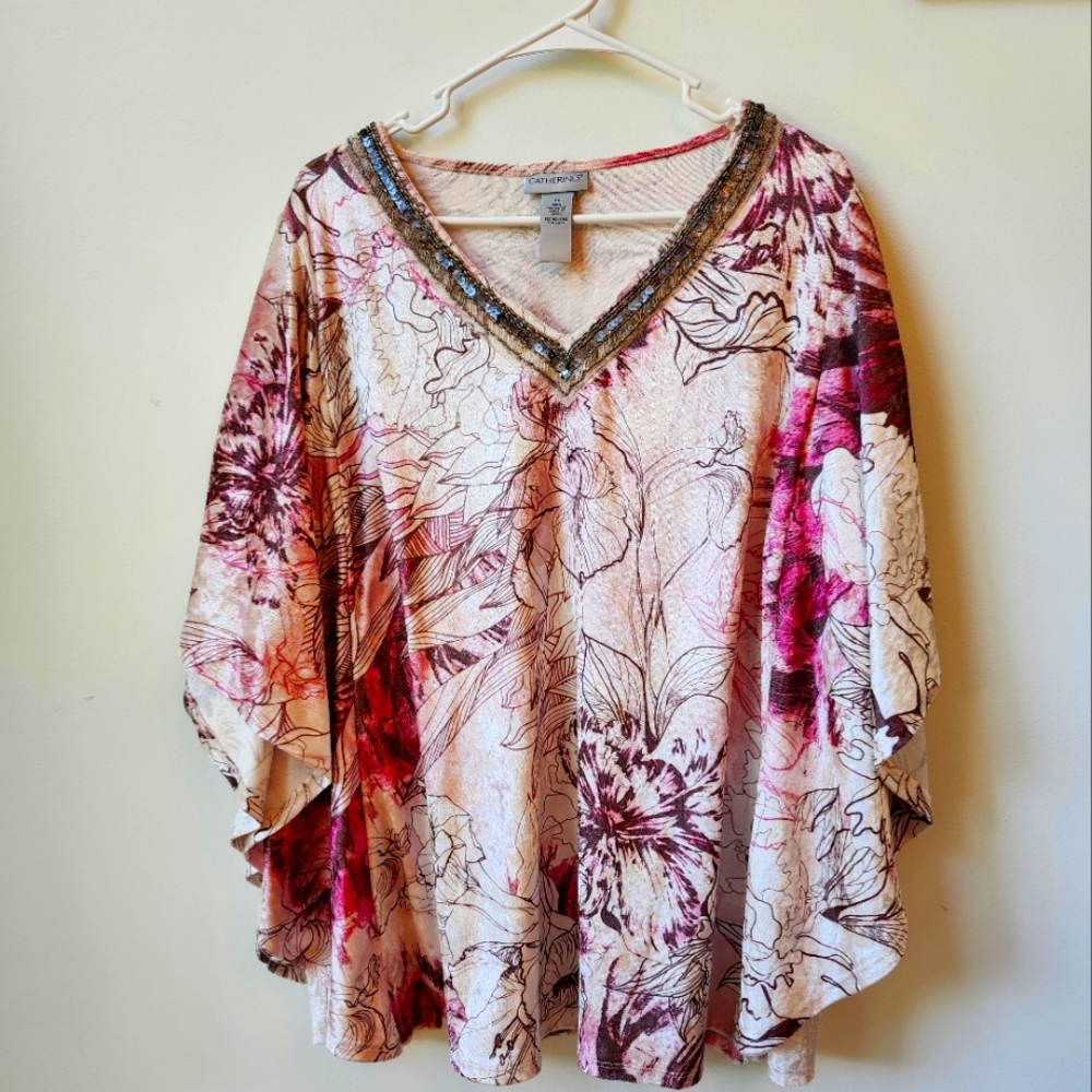 Catherine's 2X Popover Top V-Neck Velour Feel Sequin Detail